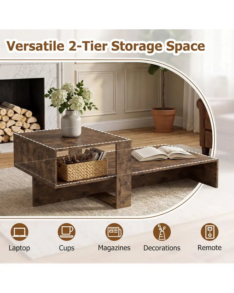 2-Tier Coffee Table Modern Irregular Center Table with Open Storage Shelf-Brown - Brown - Coffee Tables