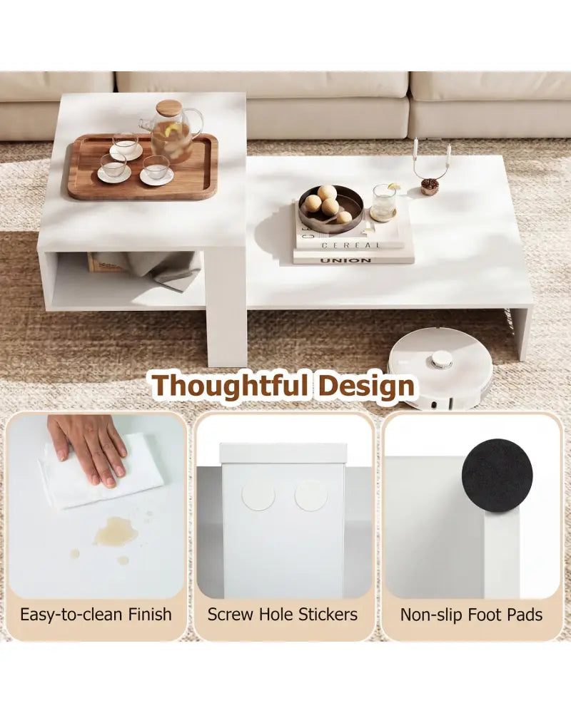 2-Tier Coffee Table Modern Irregular Center Table with Open Storage Shelf-White - White - Coffee Tables