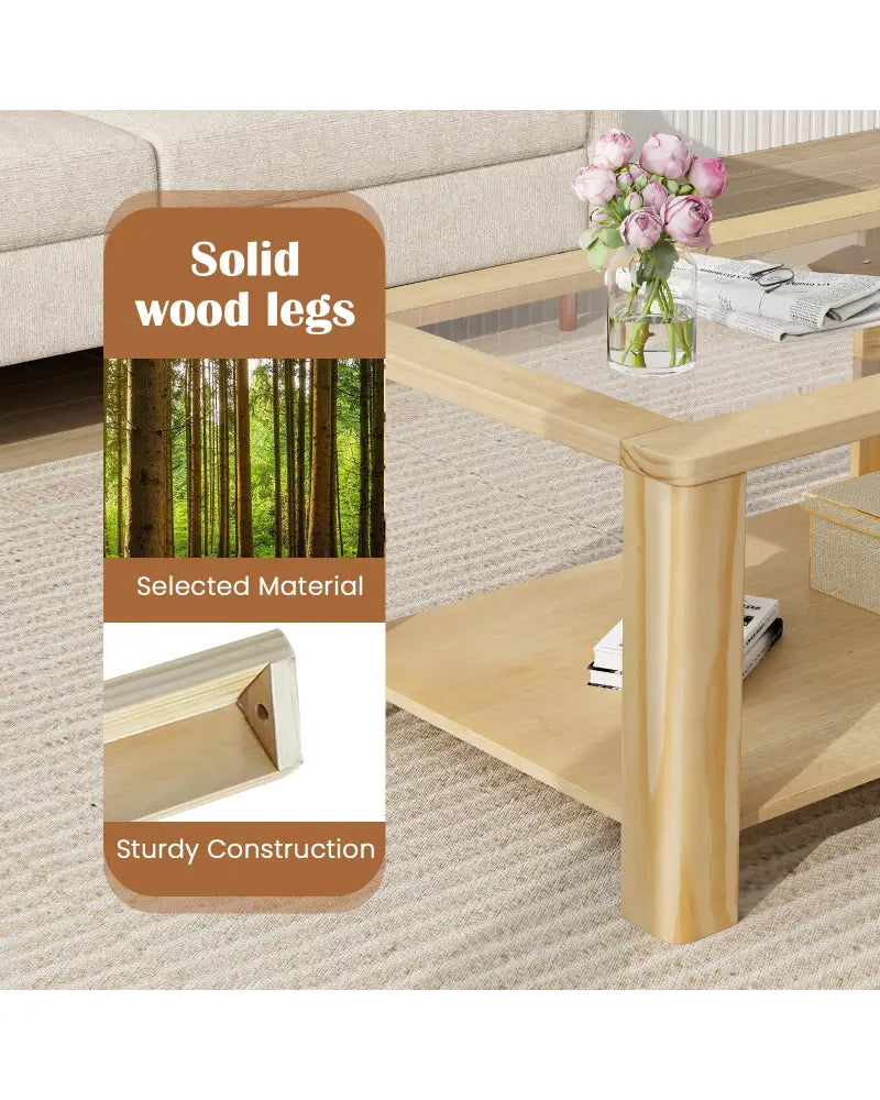 2-Tier Coffee Table Rectangular Center Table with Tempered Glass Tabletop and Storage Shelf-Natural - Natural - Coffee