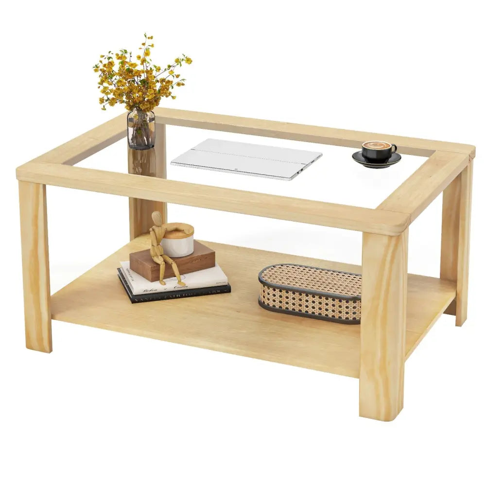 2-Tier Coffee Table Rectangular Center Table with Tempered Glass Tabletop and Storage Shelf-Natural Costway