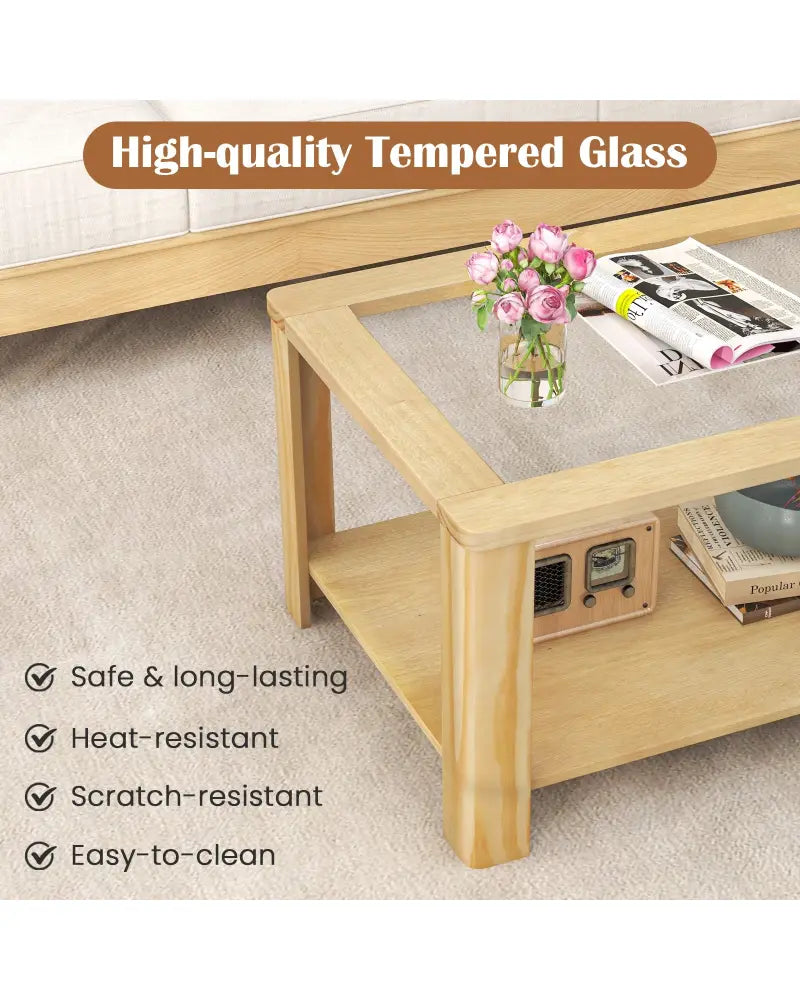 2-Tier Coffee Table Rectangular Center Table with Tempered Glass Tabletop and Storage Shelf-Natural - Natural - Coffee