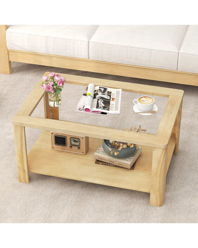 2-Tier Coffee Table Rectangular Center Table with Tempered Glass Tabletop and Storage Shelf-Natural - Natural - Coffee
