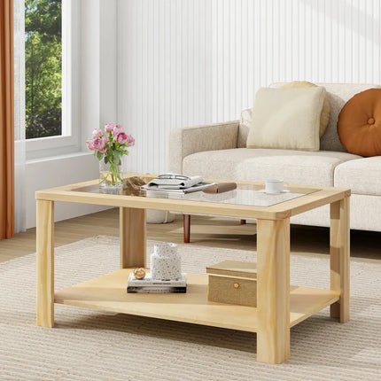 2-Tier Coffee Table Rectangular Center Table with Tempered Glass Tabletop and Storage Shelf-Natural Costway