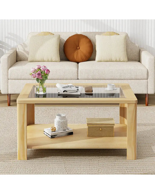 2-Tier Coffee Table Rectangular Center Table with Tempered Glass Tabletop and Storage Shelf-Natural - Natural - Coffee