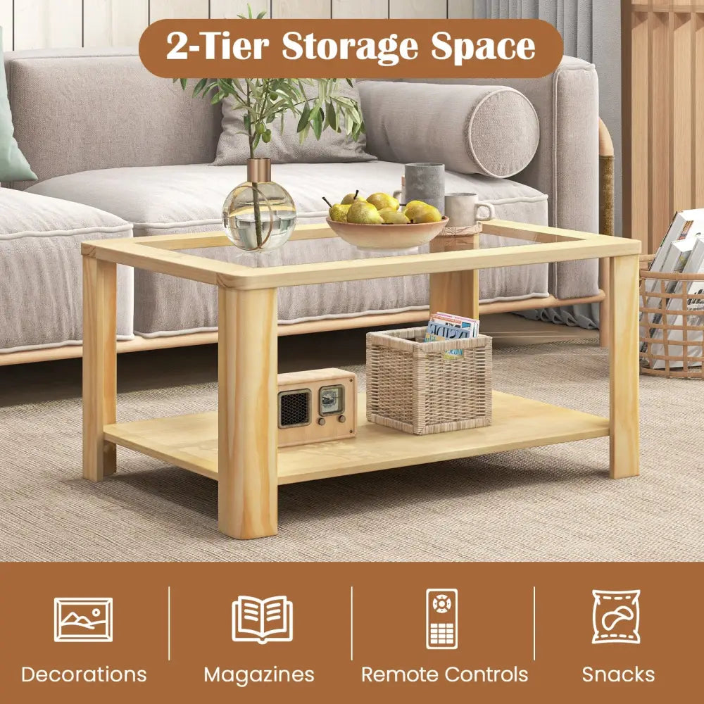 2-Tier Coffee Table Rectangular Center Table with Tempered Glass Tabletop and Storage Shelf-Natural - Natural - Coffee