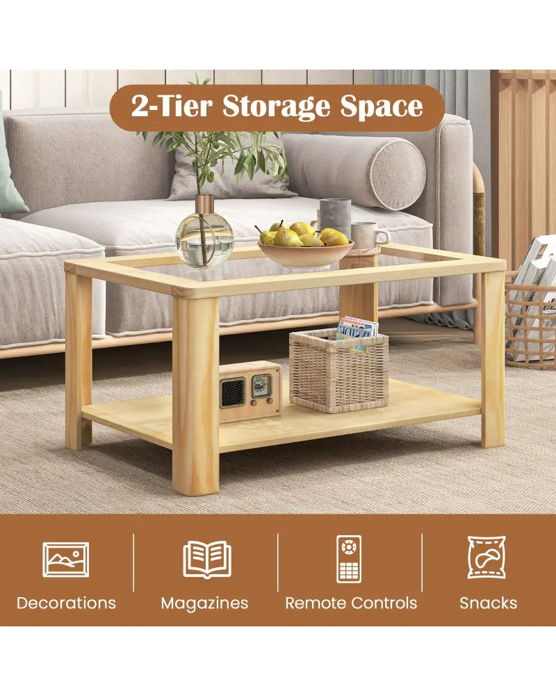 2-Tier Coffee Table Rectangular Center Table with Tempered Glass Tabletop and Storage Shelf-Natural - Natural - Coffee