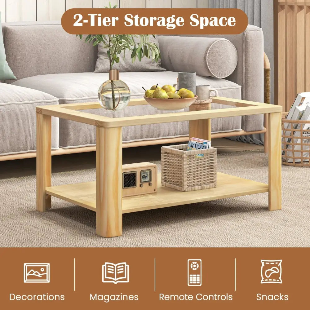 2-Tier Coffee Table Rectangular Center Table with Tempered Glass Tabletop and Storage Shelf-Natural Costway