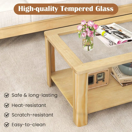 2-Tier Coffee Table Rectangular Center Table with Tempered Glass Tabletop and Storage Shelf-Natural Costway