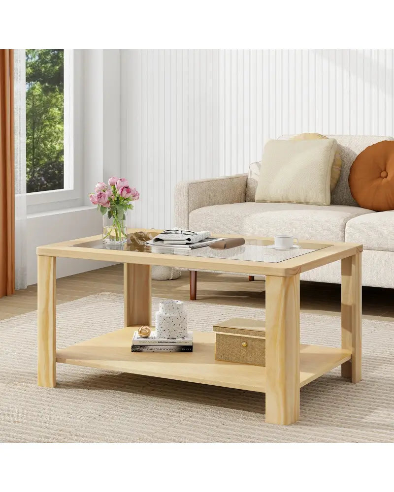 2-Tier Coffee Table Rectangular Center Table with Tempered Glass Tabletop and Storage Shelf-Natural - Natural - Coffee