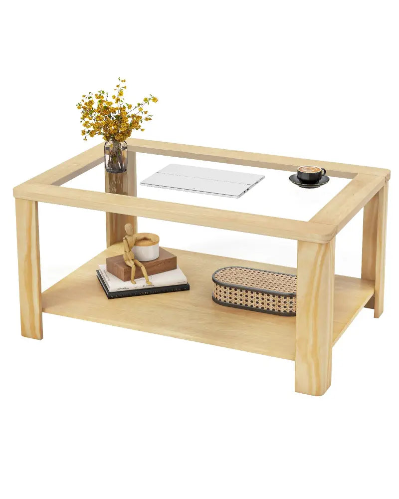 2-Tier Coffee Table Rectangular Center Table with Tempered Glass Tabletop and Storage Shelf-Natural - Natural - Coffee