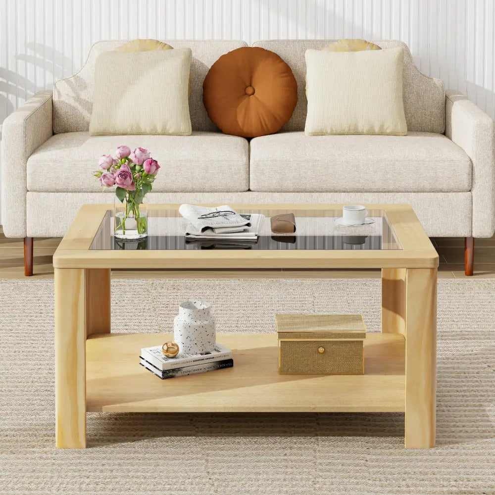 2-Tier Coffee Table Rectangular Center Table with Tempered Glass Tabletop and Storage Shelf-Natural Costway