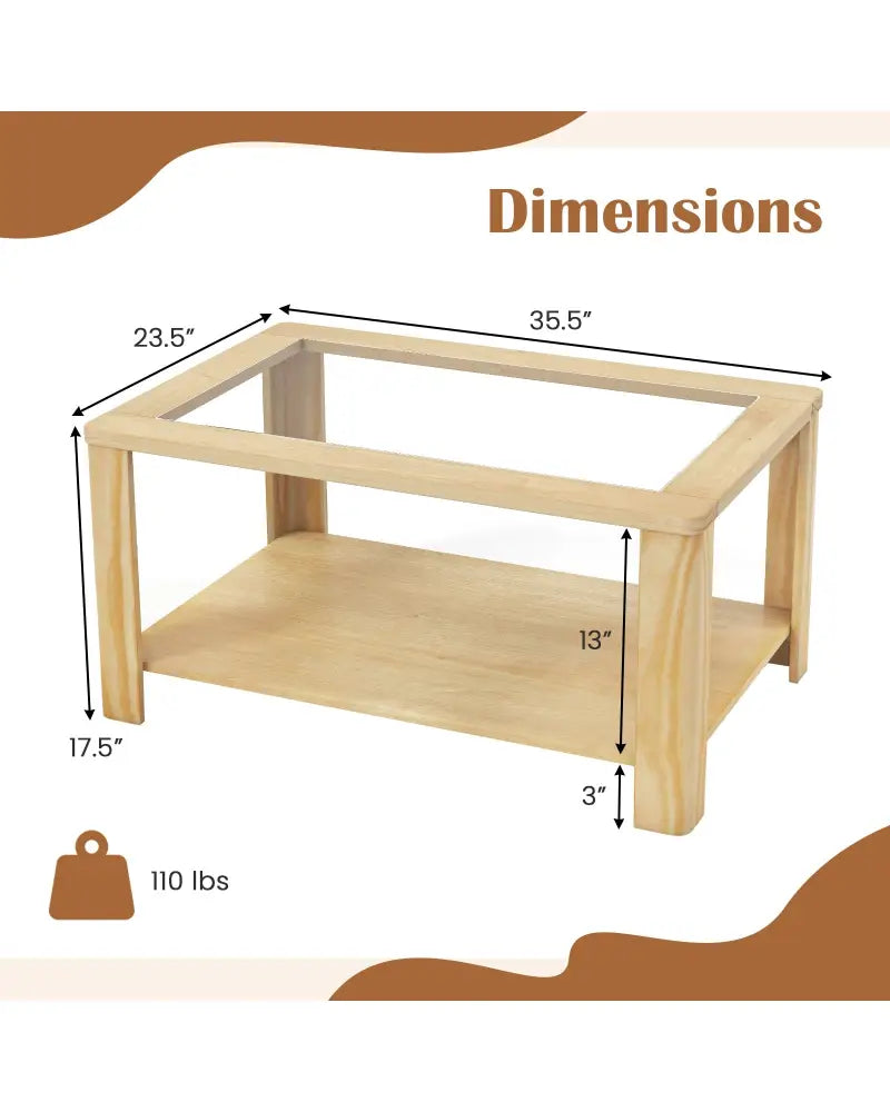 2-Tier Coffee Table Rectangular Center Table with Tempered Glass Tabletop and Storage Shelf-Natural - Natural - Coffee