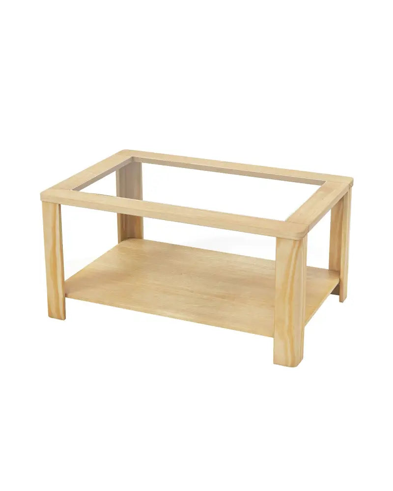 2-Tier Coffee Table Rectangular Center Table with Tempered Glass Tabletop and Storage Shelf-Natural - Natural - Coffee