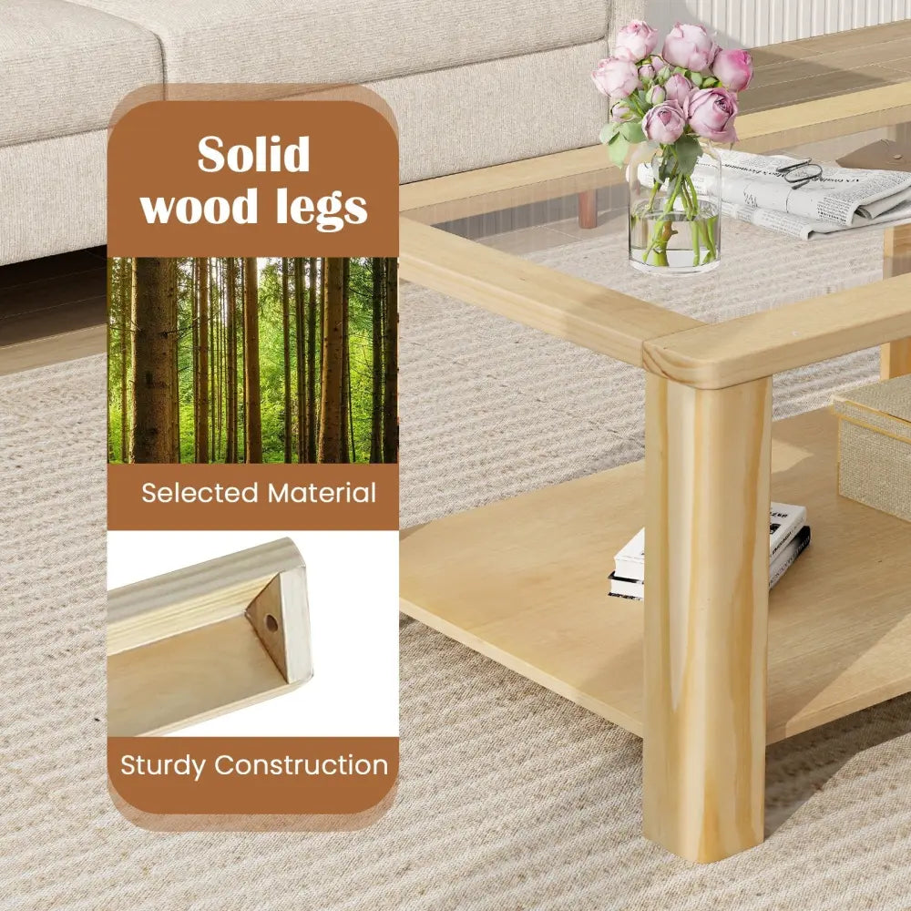 2-Tier Coffee Table Rectangular Center Table with Tempered Glass Tabletop and Storage Shelf-Natural Costway