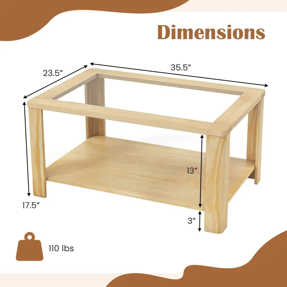 2-Tier Coffee Table Rectangular Center Table with Tempered Glass Tabletop and Storage Shelf-Natural Costway
