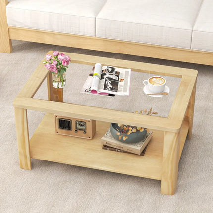 2-Tier Coffee Table Rectangular Center Table with Tempered Glass Tabletop and Storage Shelf-Natural Costway