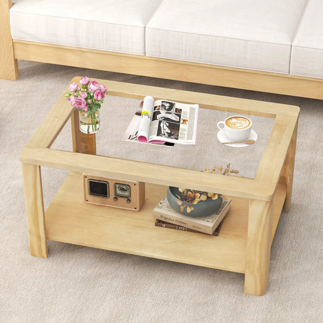2-Tier Coffee Table Rectangular Center Table with Tempered Glass Tabletop and Storage Shelf-Natural Costway