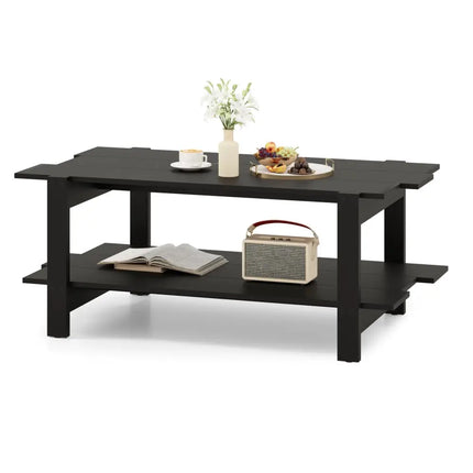 2-Tier Coffee Table Slatted Wood Center Table with Storage Shelf-Black Costway