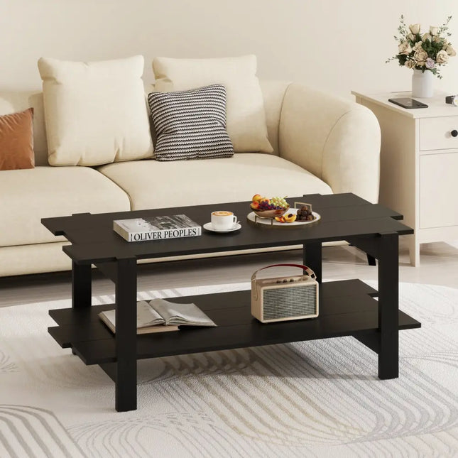 2-Tier Coffee Table Slatted Wood Center Table with Storage Shelf-Black Costway