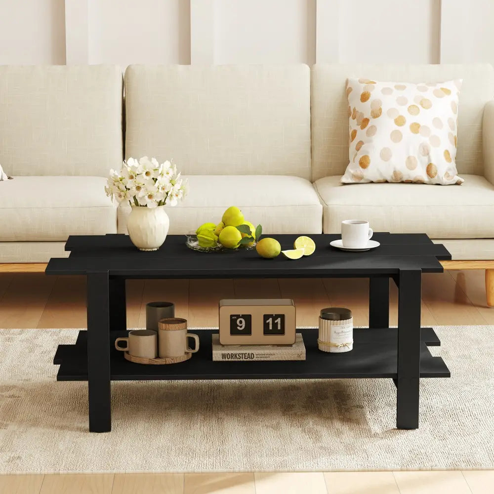 2-Tier Coffee Table Slatted Wood Center Table with Storage Shelf-Black - Black - Coffee Tables