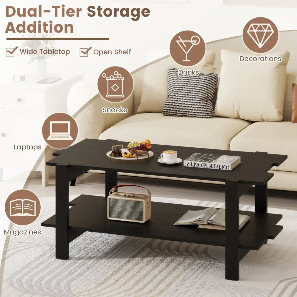 2-Tier Coffee Table Slatted Wood Center Table with Storage Shelf-Black Costway
