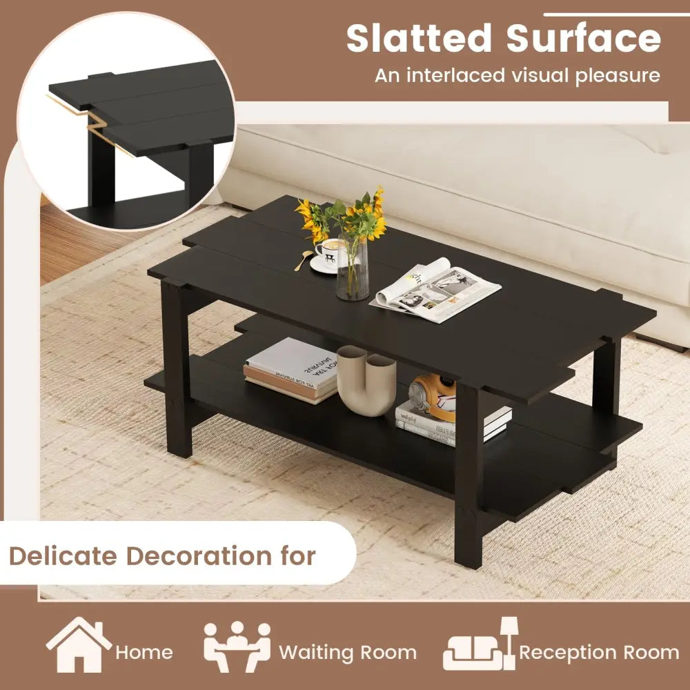 2-Tier Coffee Table Slatted Wood Center Table with Storage Shelf-Black Costway