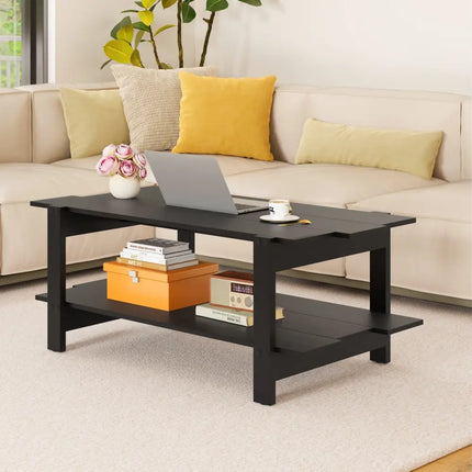 2-Tier Coffee Table Slatted Wood Center Table with Storage Shelf-Black Costway