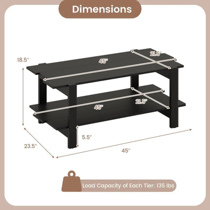 2-Tier Coffee Table Slatted Wood Center Table with Storage Shelf-Black Costway