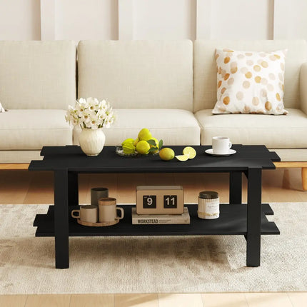 2-Tier Coffee Table Slatted Wood Center Table with Storage Shelf-Black Costway