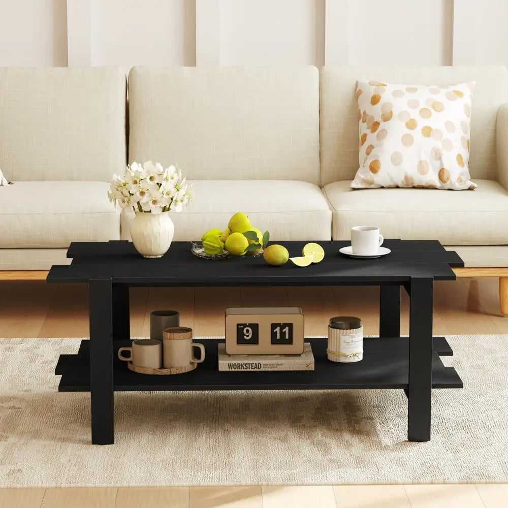2-Tier Coffee Table Slatted Wood Center Table with Storage Shelf-Black Costway