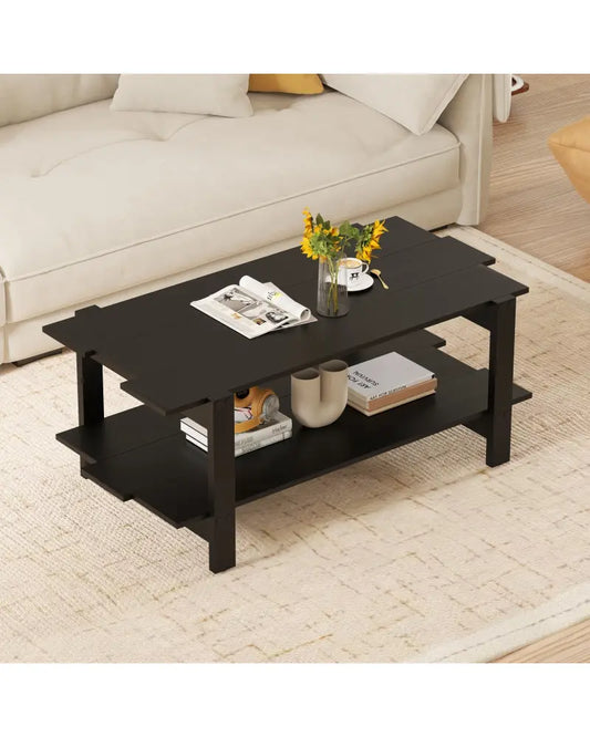 2-Tier Coffee Table Slatted Wood Center Table with Storage Shelf-Black - Black - Coffee Tables