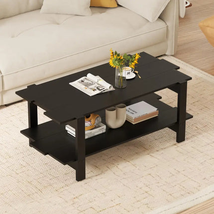 2-Tier Coffee Table Slatted Wood Center Table with Storage Shelf-Black Costway