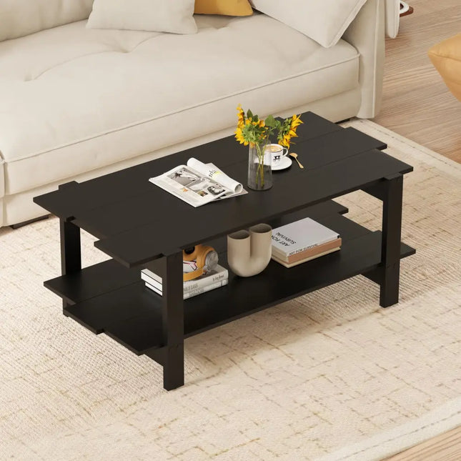 2-Tier Coffee Table Slatted Wood Center Table with Storage Shelf-Black Costway