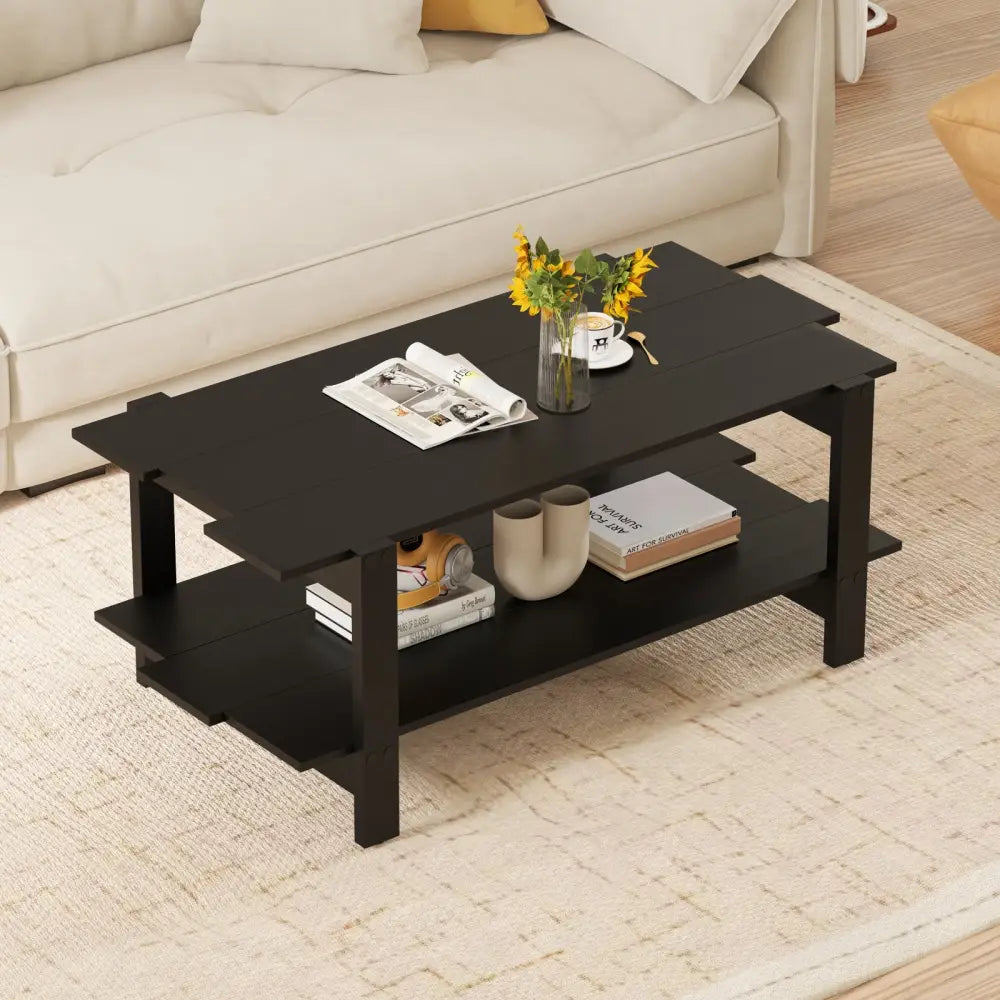 2-Tier Coffee Table Slatted Wood Center Table with Storage Shelf-Black Costway
