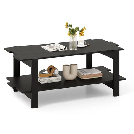 2-Tier Coffee Table Slatted Wood Center Table with Storage Shelf-Black Costway