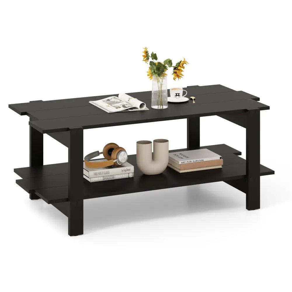 2-Tier Coffee Table Slatted Wood Center Table with Storage Shelf-Black Costway