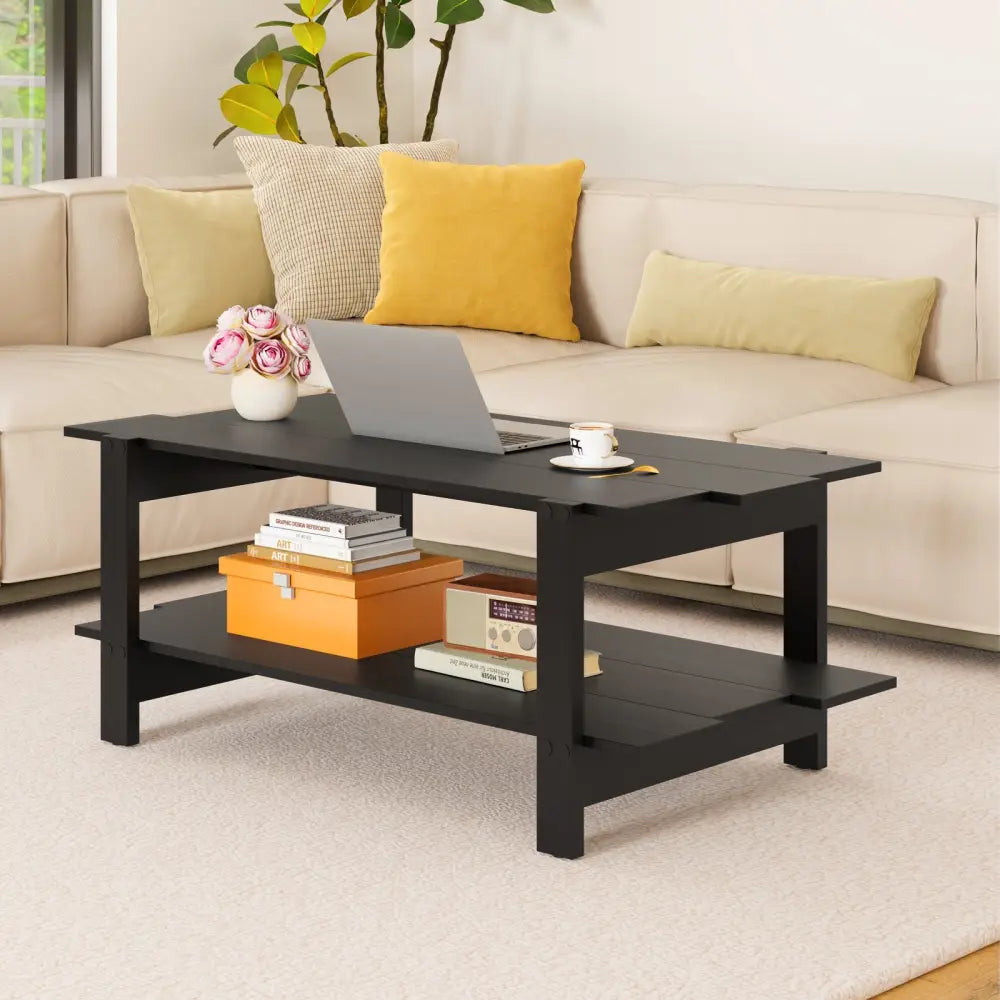 2-Tier Coffee Table Slatted Wood Center Table with Storage Shelf-Black - Black - Coffee Tables
