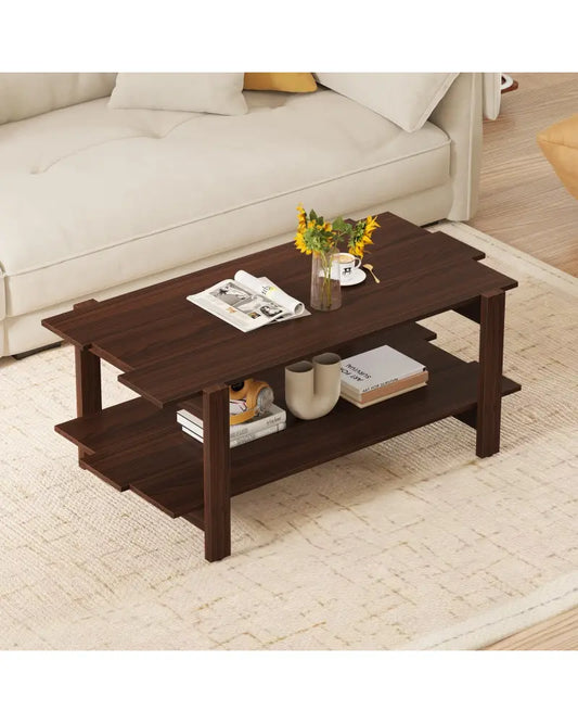 2-Tier Coffee Table Slatted Wood Center Table with Storage Shelf-Walnut - Walnut - Coffee Tables