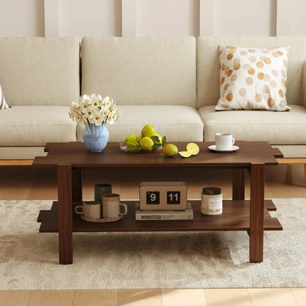 2-Tier Coffee Table Slatted Wood Center Table with Storage Shelf-Walnut Costway