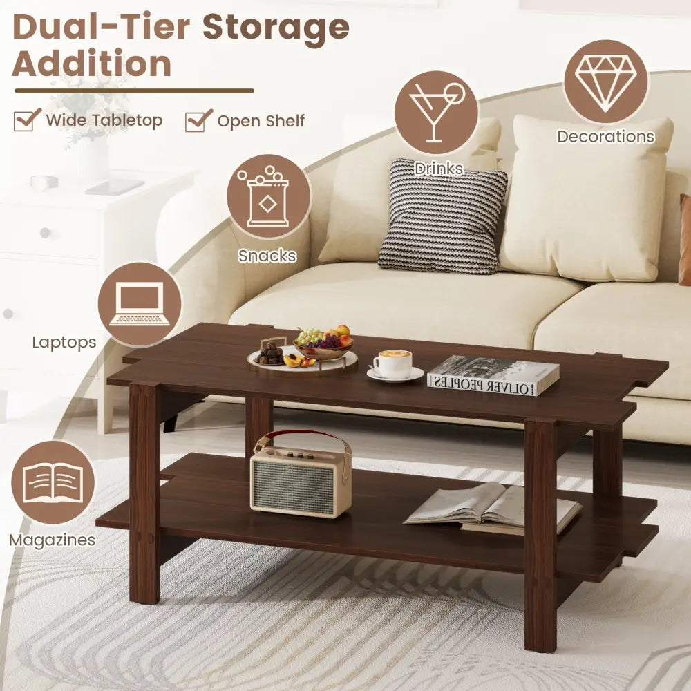 2-Tier Coffee Table Slatted Wood Center Table with Storage Shelf-Walnut Costway