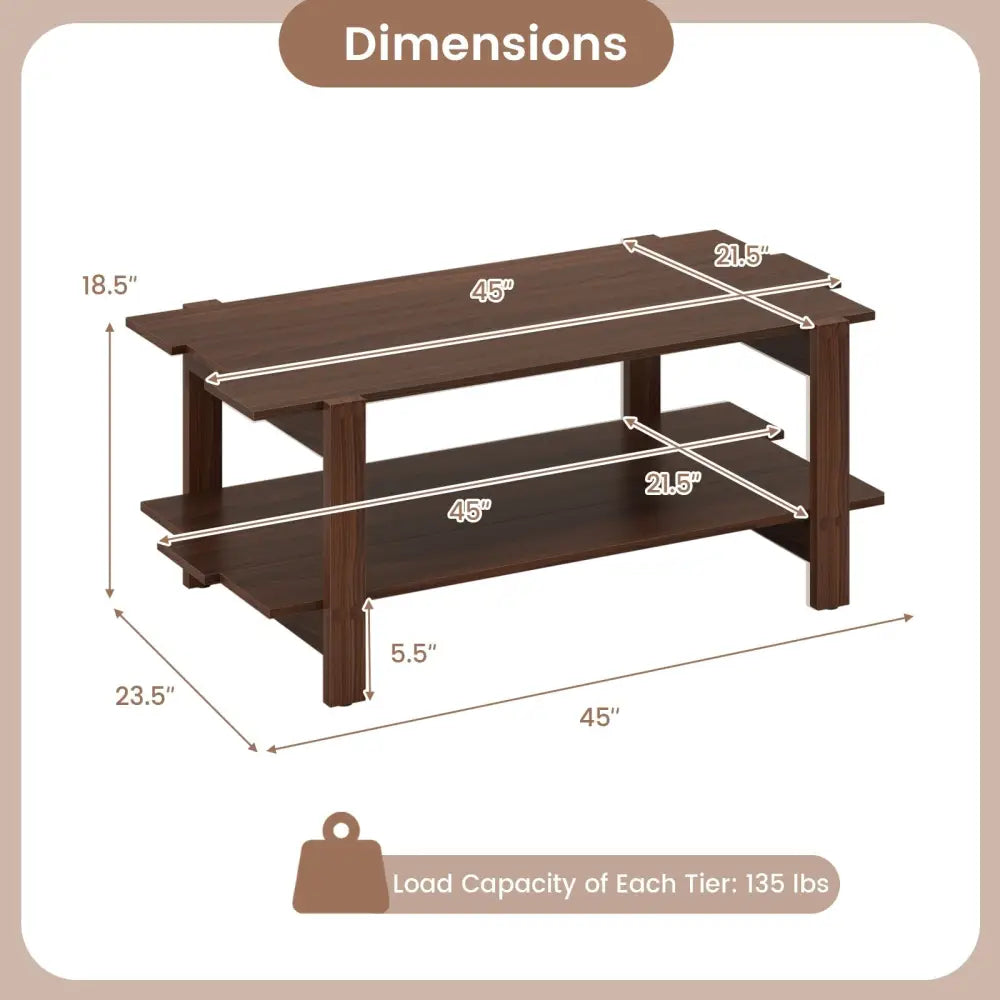 2-Tier Coffee Table Slatted Wood Center Table with Storage Shelf-Walnut Costway