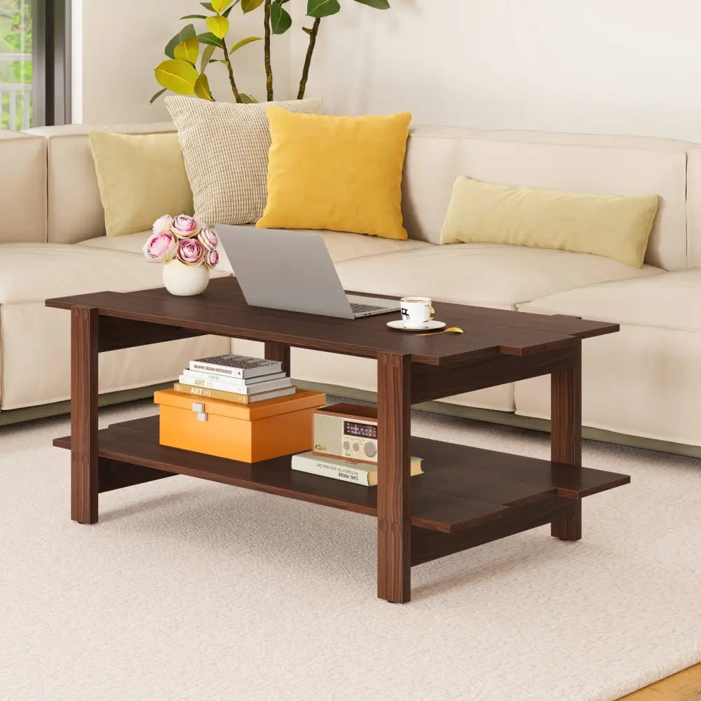2-Tier Coffee Table Slatted Wood Center Table with Storage Shelf-Walnut Costway