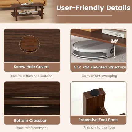 2-Tier Coffee Table Slatted Wood Center Table with Storage Shelf-Walnut Costway