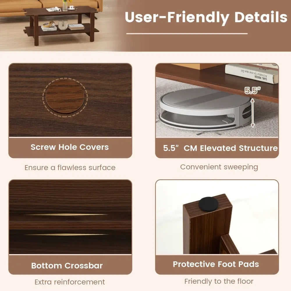 2-Tier Coffee Table Slatted Wood Center Table with Storage Shelf-Walnut Costway