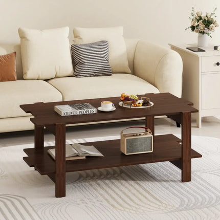 2-Tier Coffee Table Slatted Wood Center Table with Storage Shelf-Walnut Costway