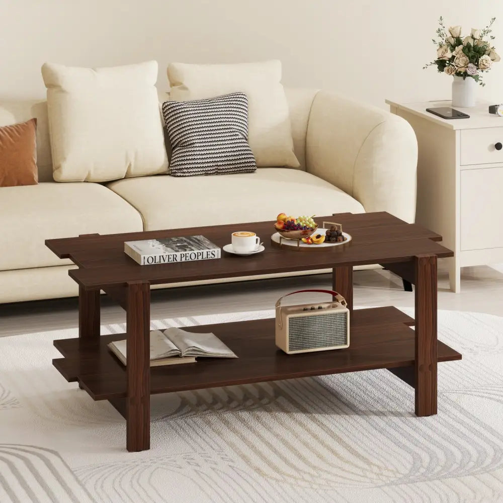 2-Tier Coffee Table Slatted Wood Center Table with Storage Shelf-Walnut Costway