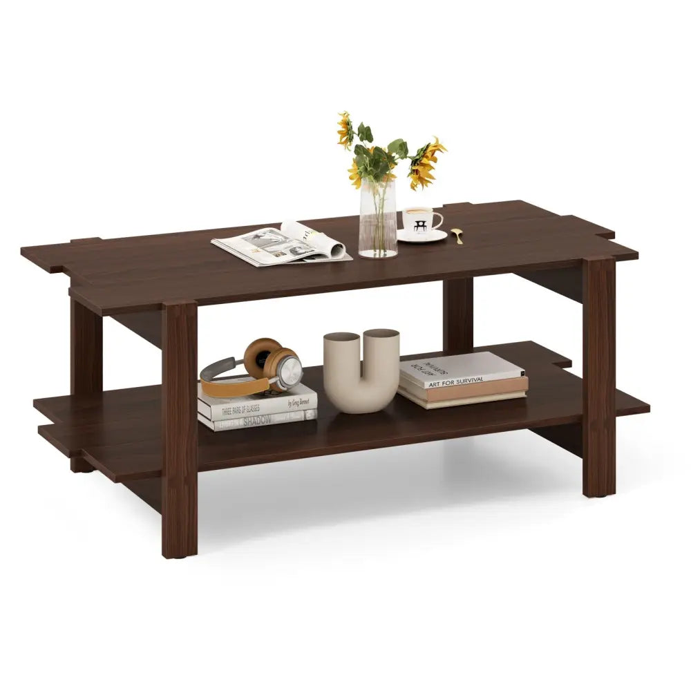 2-Tier Coffee Table Slatted Wood Center Table with Storage Shelf-Walnut Costway