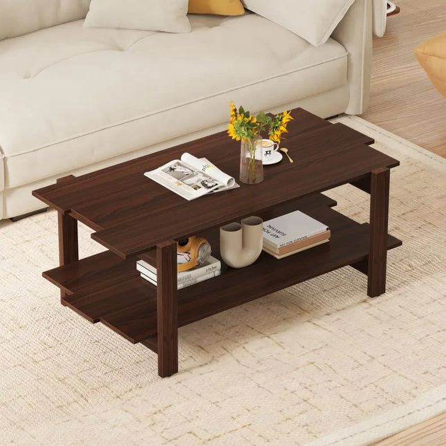 2-Tier Coffee Table Slatted Wood Center Table with Storage Shelf-Walnut Costway