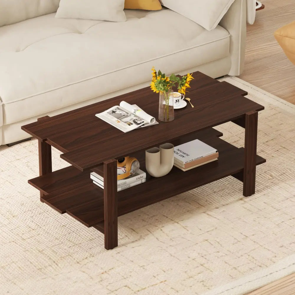 2-Tier Coffee Table Slatted Wood Center Table with Storage Shelf-Walnut Costway