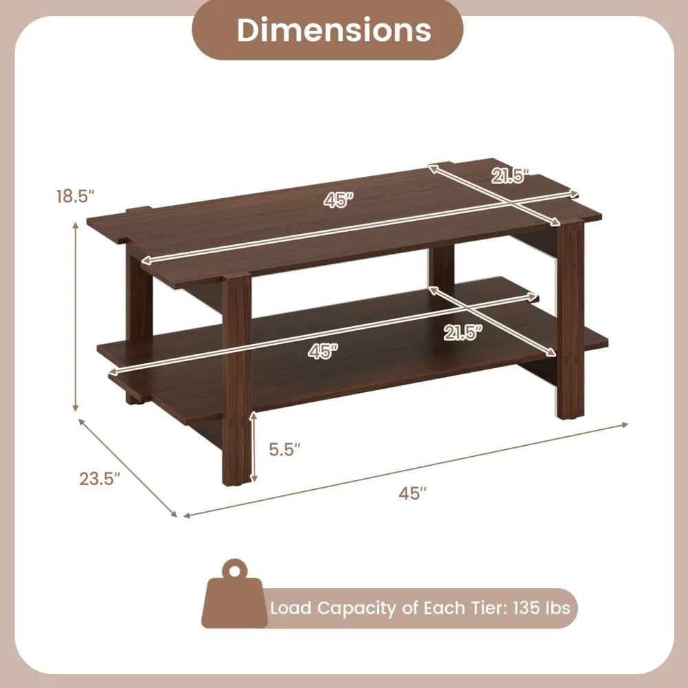 2-Tier Coffee Table Slatted Wood Center Table with Storage Shelf-Walnut - Walnut - Coffee Tables